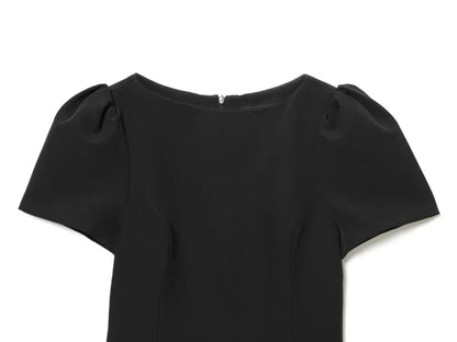 ETJ 2025 women's new products are elegant and stylish Short dress with a boat neck and short sleeves with pleats  black dress