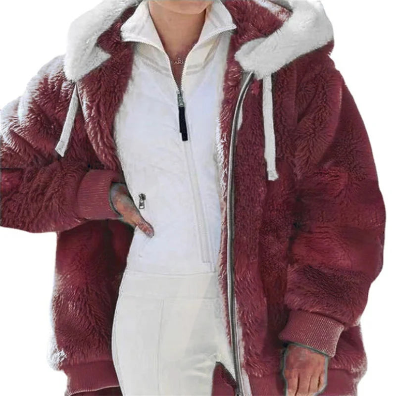 New Autumn/Winter Loose Plush Zipper Hooded Coat for Women