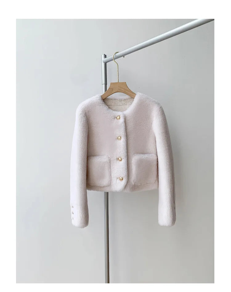 Woman Genuine Sheepskin Jackets Coat Female Winter Shearling Coats Real Lamb Fur O-neck Natural  Outewear  Overcoat G152