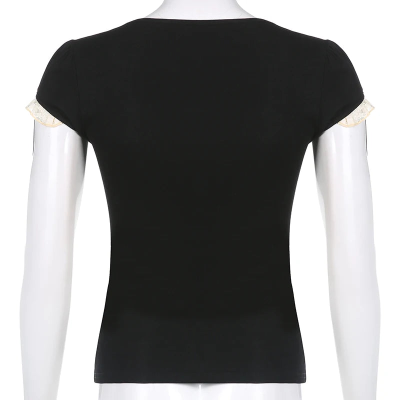 Y2k Lace Trim Crop Top Bow Cute Sweet Square Neck Tee Short Sleeve Harajuku Casual T Shirt Women Prepply Retro Korean Top Summer