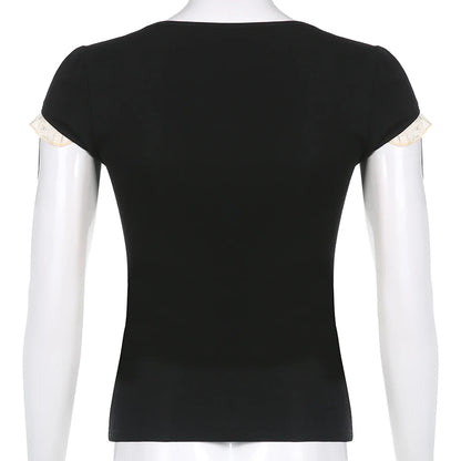 Y2k Lace Trim Crop Top Bow Cute Sweet Square Neck Tee Short Sleeve Harajuku Casual T Shirt Women Prepply Retro Korean Top Summer
