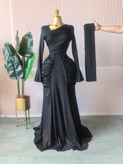 CM.YAYA Women Skew Neck Flare Long Sleeve Ruched Stacked Maxi Long Dress Fall Birthday Evening Sexy Party Dresses with Scarf