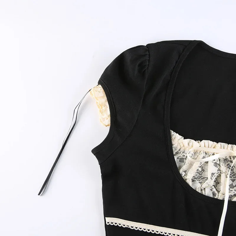 Y2k Lace Trim Crop Top Bow Cute Sweet Square Neck Tee Short Sleeve Harajuku Casual T Shirt Women Prepply Retro Korean Top Summer