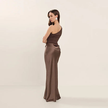 Luxary Solid Satin Maxi Dress Elegant One Shoulder Sleeveless High Waist Ruffle Robe 2025 New Summer Evening Party Clothing