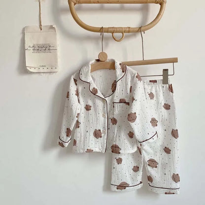 2Pcs Autumn New Kids Pajamas Korean Long Sleeve Print Bear Cardigan And Pants Cotton Musline Yarn Sleepwear