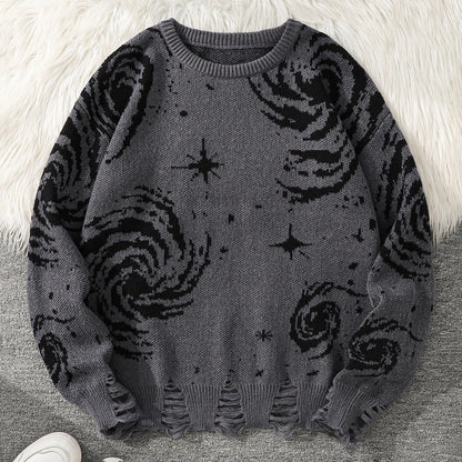 New Trendy Street Style Ripped Abstract Starry Sky Pattern Pullover Ripped Sweater Casual Crew Neck Knitted Men's Pullover