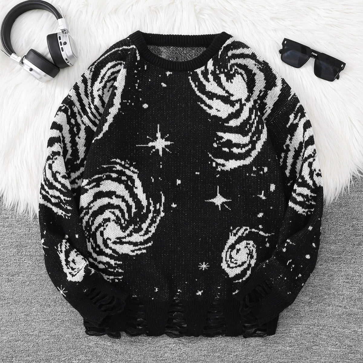New Trendy Street Style Ripped Abstract Starry Sky Pattern Pullover Ripped Sweater Casual Crew Neck Knitted Men's Pullover