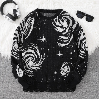 New Trendy Street Style Ripped Abstract Starry Sky Pattern Pullover Ripped Sweater Casual Crew Neck Knitted Men's Pullover