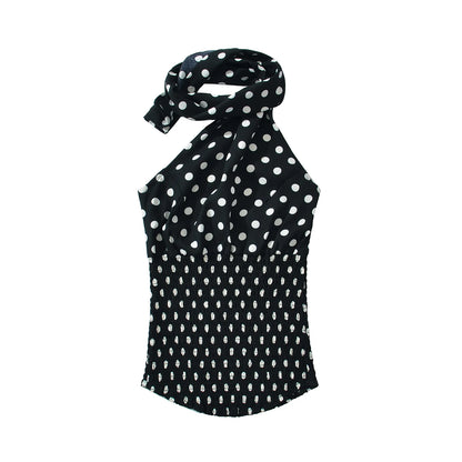 2025 Sexy Black White Polka Dot Halter Tank Top + Tie Bow Sashes Elastic Waist Ruched Ball Gown BUD Mini Skirt 2 Pieces 1 Set
