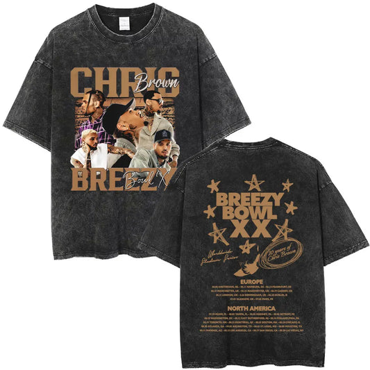 Vintage Washed Chris Brown Graphic T-shirt Breezy Bowl XX Tour 2025 Merch T Shirts Men Women Hip Hop Fashion Oversized T-shirts