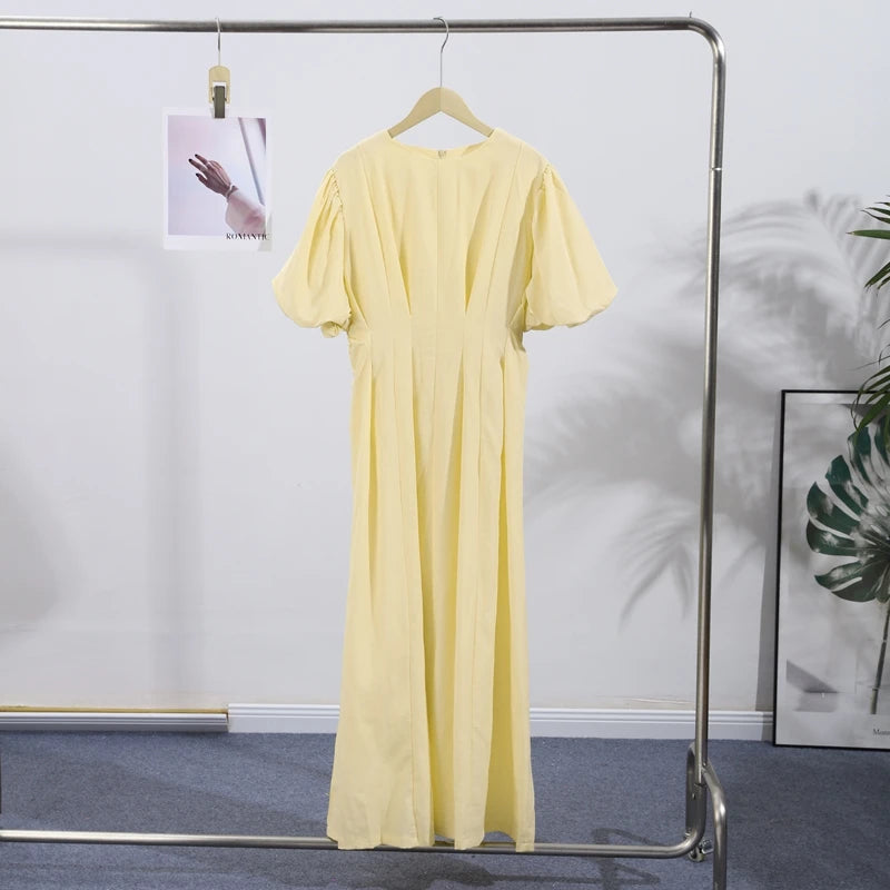 Casual Yellow Short Puff Sleeve Women Dress Loose Solid O-neck Pleated High Waist Female Maxi Dresses 2025 Summer Chic Lady Robe