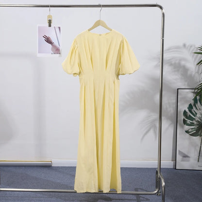 Casual Yellow Short Puff Sleeve Women Dress Loose Solid O-neck Pleated High Waist Female Maxi Dresses 2025 Summer Chic Lady Robe