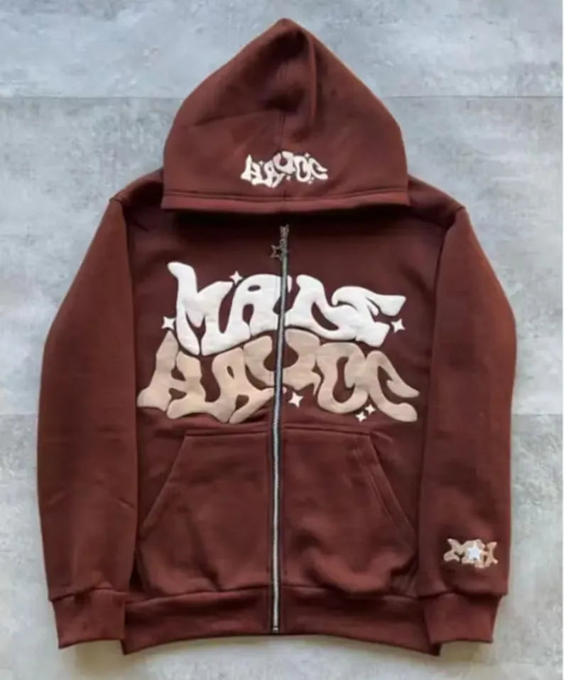 Retro Star and Letter Printed Zipper Hoodies 2025 Spring Autumn Harajuku Y2K Women and Men Fashion Hip Hop Long Sleeve Hooded