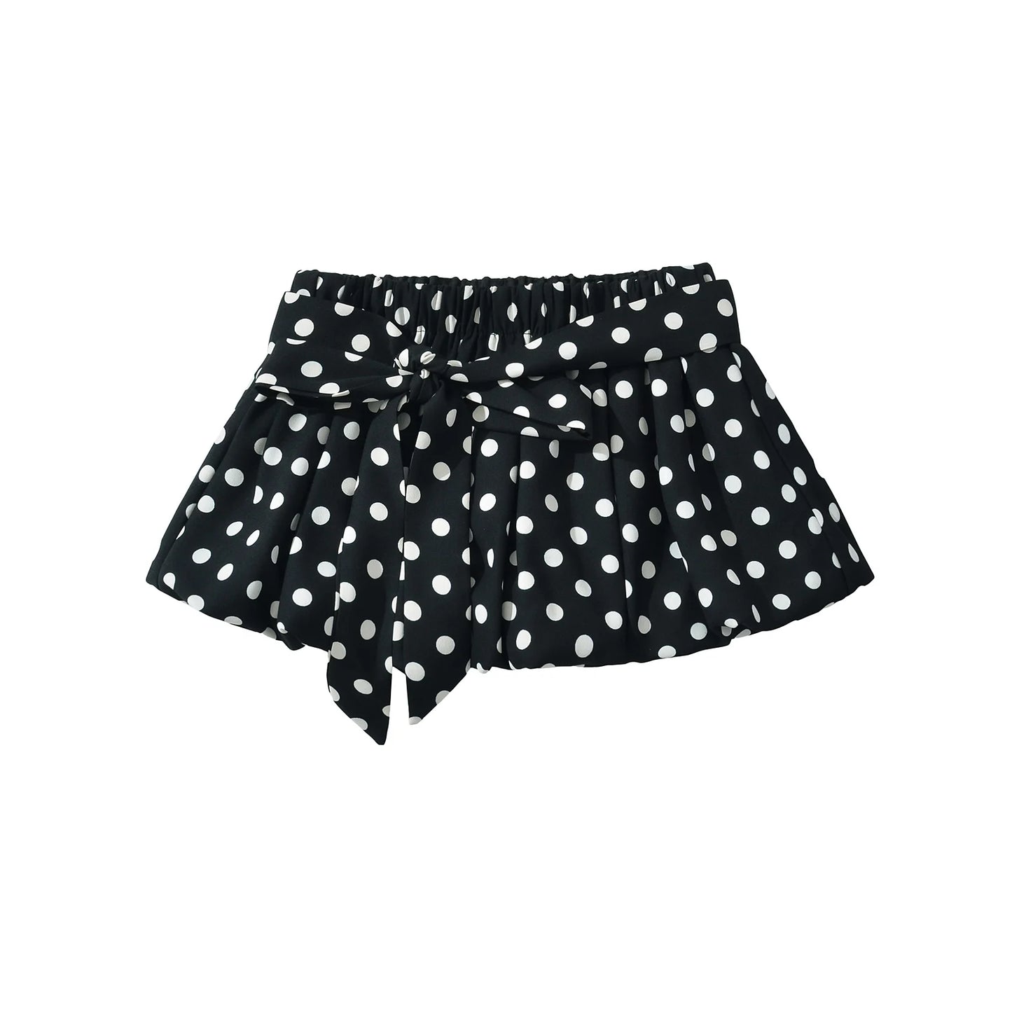 2025 Sexy Black White Polka Dot Halter Tank Top + Tie Bow Sashes Elastic Waist Ruched Ball Gown BUD Mini Skirt 2 Pieces 1 Set