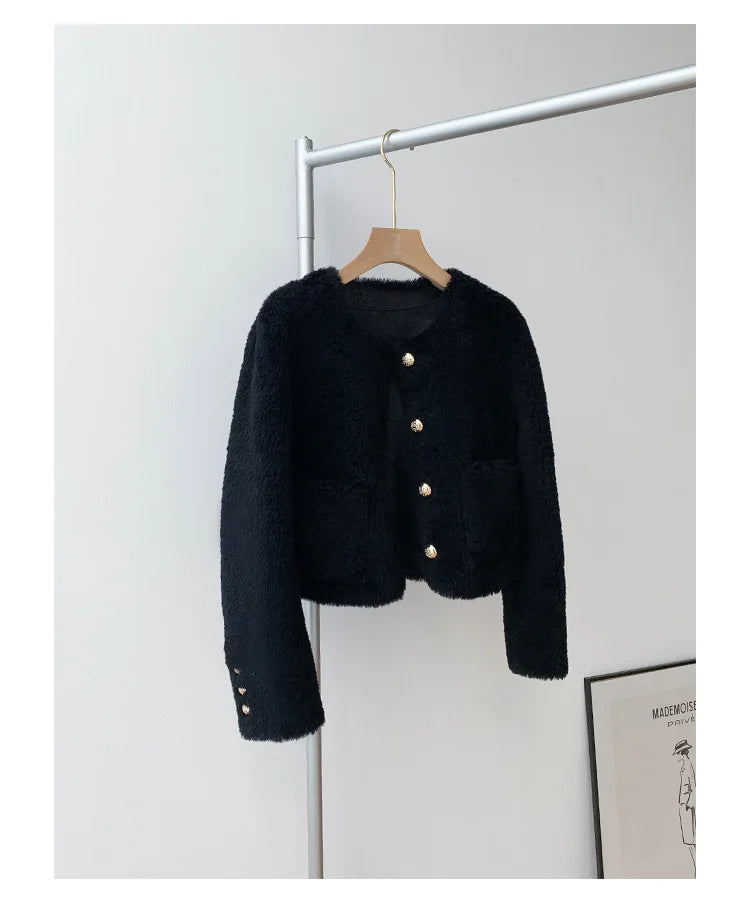 Woman Genuine Sheepskin Jackets Coat Female Winter Shearling Coats Real Lamb Fur O-neck Natural  Outewear  Overcoat G152