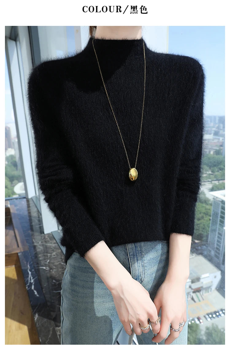 100% Pure Mink Cashmere Knitted Sweater Women's Semi-High Neck Loose Pullovers Casual Joker Warm Bottoming Shirt Autumn Blouse