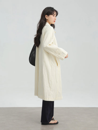 Wrinkled Double Cuff Belted Sleeve Trench Coat Women Loose Fit Lapel Collar Outerwear 2025 Casual Mid-Length Stylish Overcoat