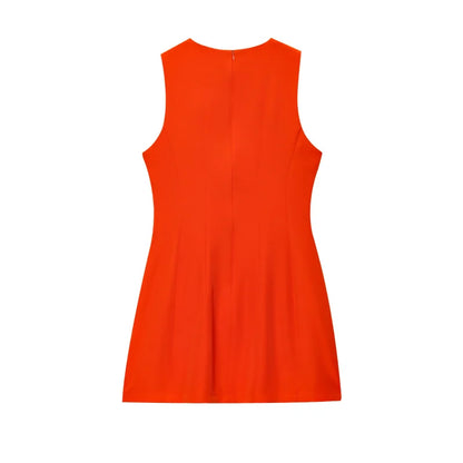 ETJ2025 summer new  women's ZW series elegant simple classic puffy round neck sleeveless waist short dress