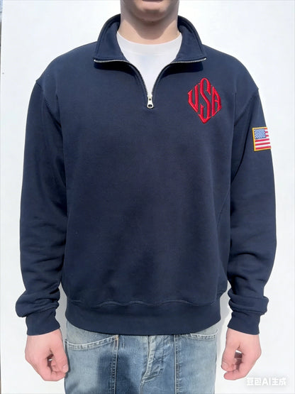 Y2K Fashionable Loose Jacket Exquisite USA Embroidered Short Zipper Men's Clothing Casual Hoodies Retro Unisex Cotton StreetWear