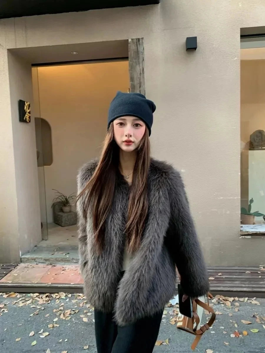 Winter Jacket New Furry Coat Womens Clothing Slim Fur One lmitation Fox Fur Jacket V-neck High Grade Loose Casual Top Womens