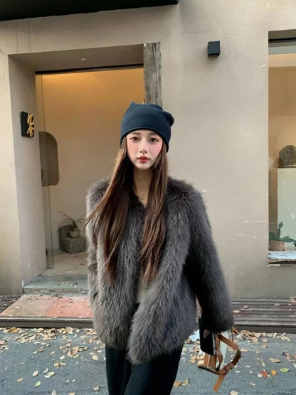 Winter Jacket New Furry Coat Womens Clothing Slim Fur One lmitation Fox Fur Jacket V-neck High Grade Loose Casual Top Womens