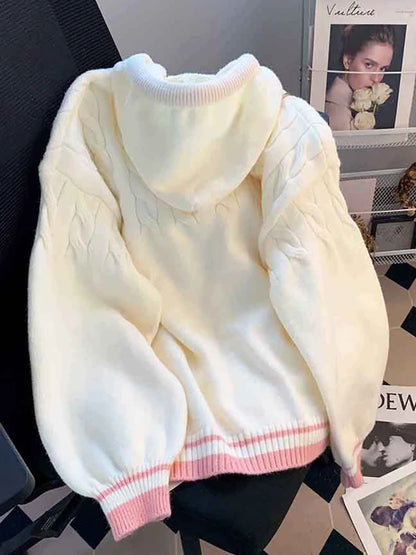 Cute Sweet Cardigan Sweaters Women Lazy Wind White Knitted Coats Long Sleeve Loose Female Japan Kawaii Elegant Hooded Tops
