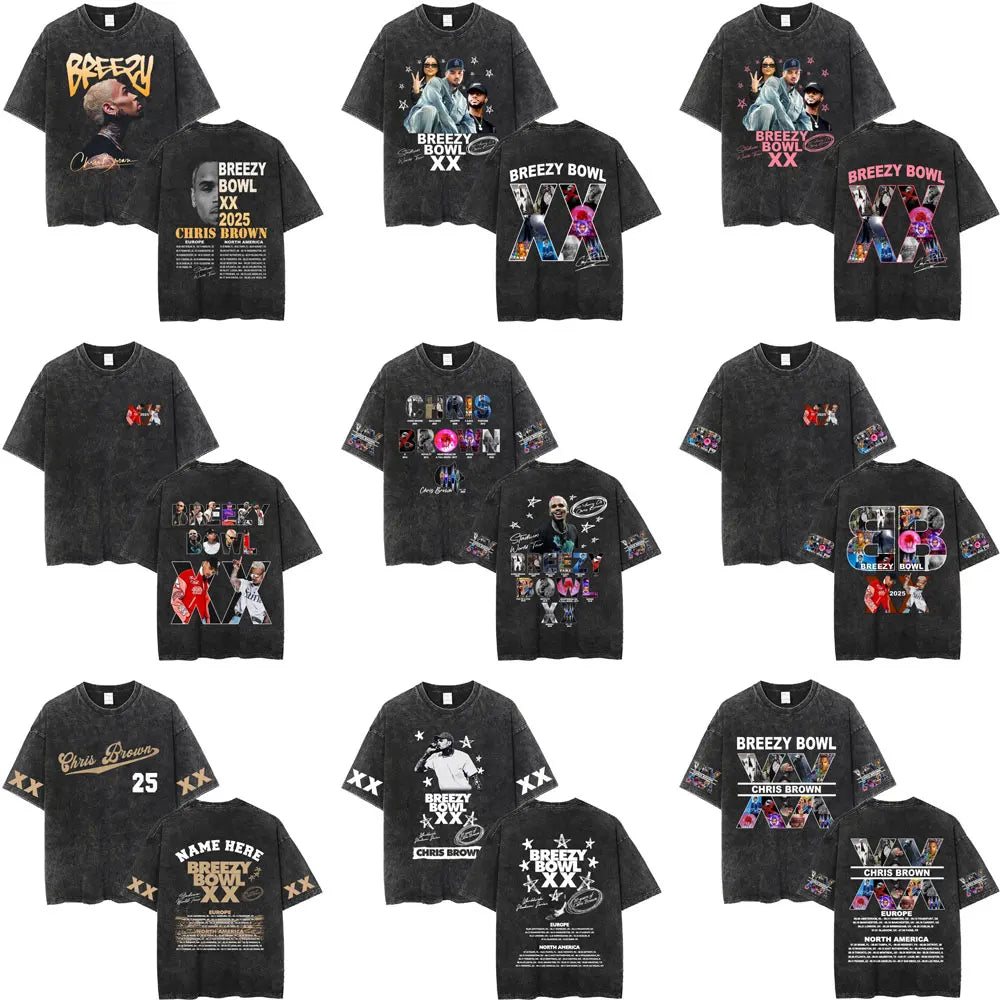 Vintage Washed Chris Brown Graphic T-shirt Breezy Bowl XX Tour 2025 Merch T Shirts Men Women Hip Hop Fashion Oversized T-shirts