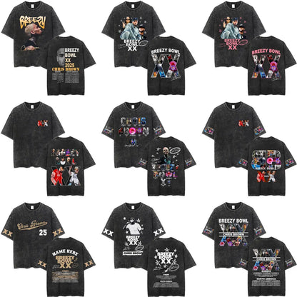 Vintage Washed Chris Brown Graphic T-shirt Breezy Bowl XX Tour 2025 Merch T Shirts Men Women Hip Hop Fashion Oversized T-shirts