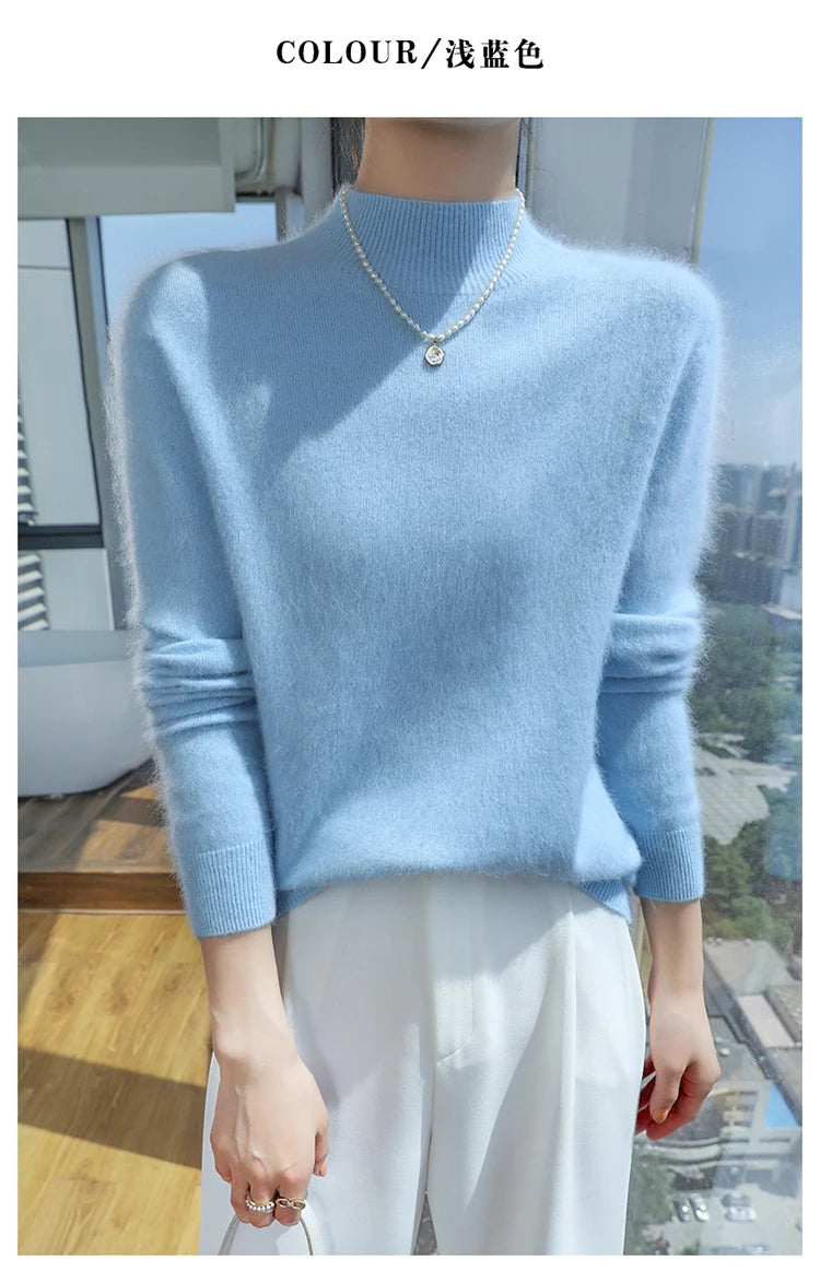 100% Pure Mink Cashmere Knitted Sweater Women's Semi-High Neck Loose Pullovers Casual Joker Warm Bottoming Shirt Autumn Blouse