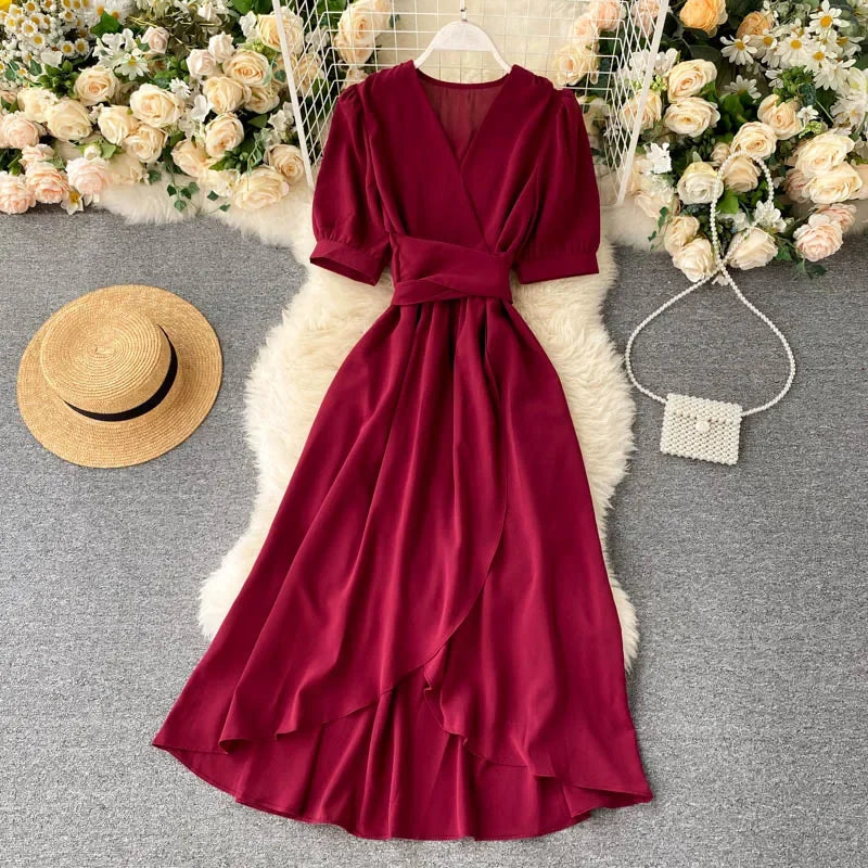 Women's Dress Spring New Temperament V-neck Solid Color Bubble Short-sleeved Irregular Ruffle Edge Lacing Dress Leisure Vestidos