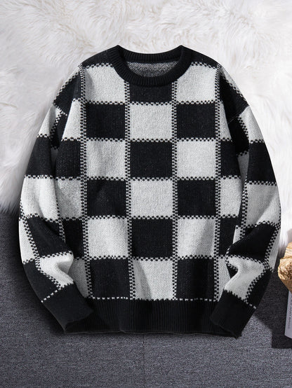 Retro Trendy Plaid Jacquard Pattern Pullover Sweater Casual Round Neck Color-Block Knit Men's Pullover