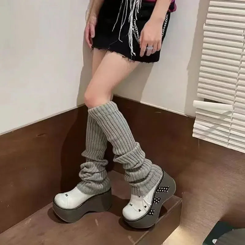 42/52/72cm Leg Warmers Lolita Socks Y2K Knitted Warm Foot Cover White Black Warmer Lady Autumn Winter Crochet Sock Boot Cuffs