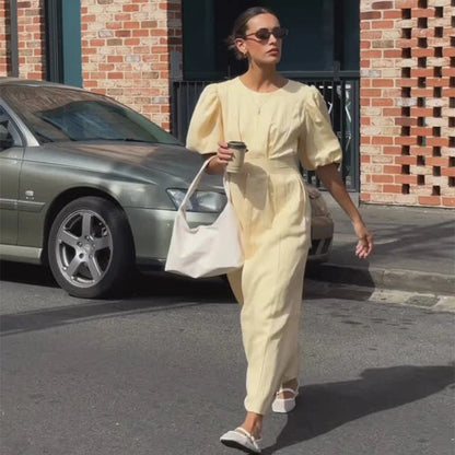 Casual Yellow Short Puff Sleeve Women Dress Loose Solid O-neck Pleated High Waist Female Maxi Dresses 2025 Summer Chic Lady Robe