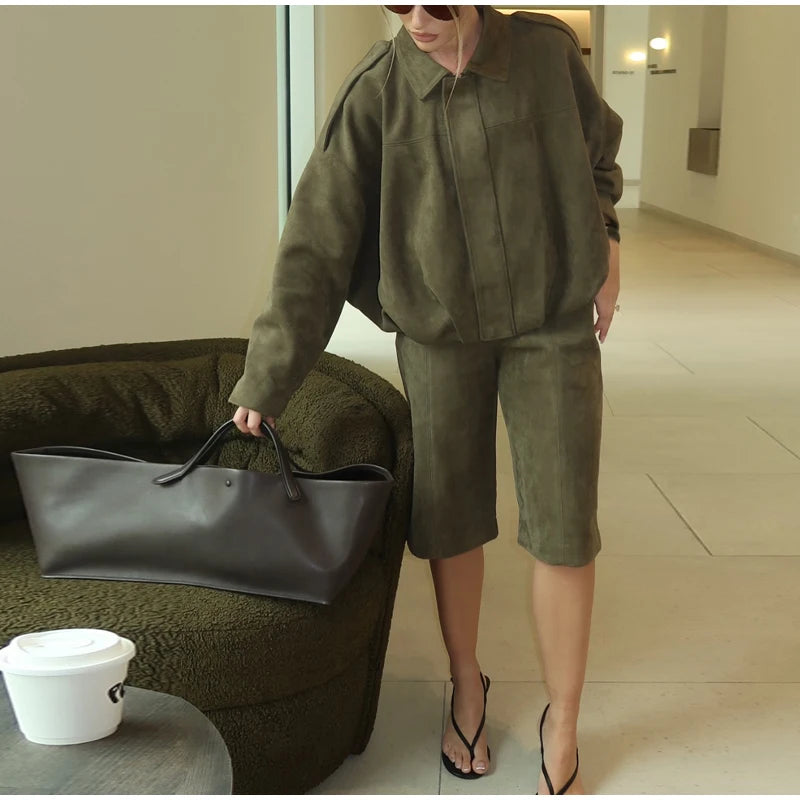 Single Breasted Buckle Casual Suede Jacket Women Chic Shoulder Pad Full Sleeve Lapel Slim Coat Autumn Lady New Highstreet Wear