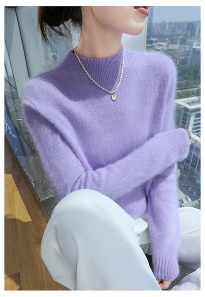 100% Pure Mink Cashmere Knitted Sweater Women's Semi-High Neck Loose Pullovers Casual Joker Warm Bottoming Shirt Autumn Blouse