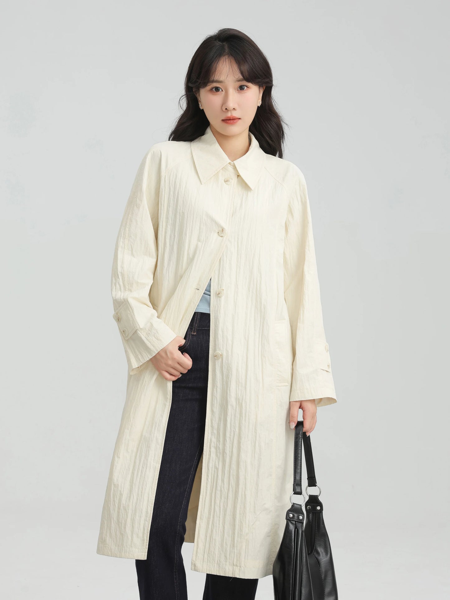 Wrinkled Double Cuff Belted Sleeve Trench Coat Women Loose Fit Lapel Collar Outerwear 2025 Casual Mid-Length Stylish Overcoat