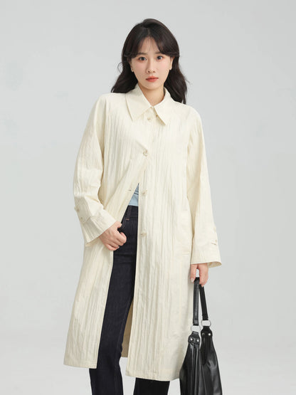 Wrinkled Double Cuff Belted Sleeve Trench Coat Women Loose Fit Lapel Collar Outerwear 2025 Casual Mid-Length Stylish Overcoat