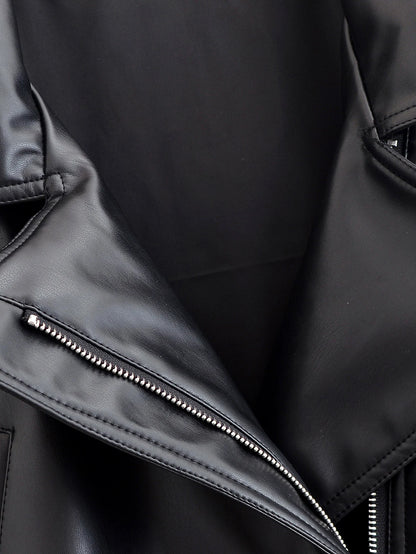 HH Women Vintage Motorcycle Jacket With Belt Faux Leather Trench Coat Long Sleeve Lapel Zipper Jacket Autumn High Street Outwear