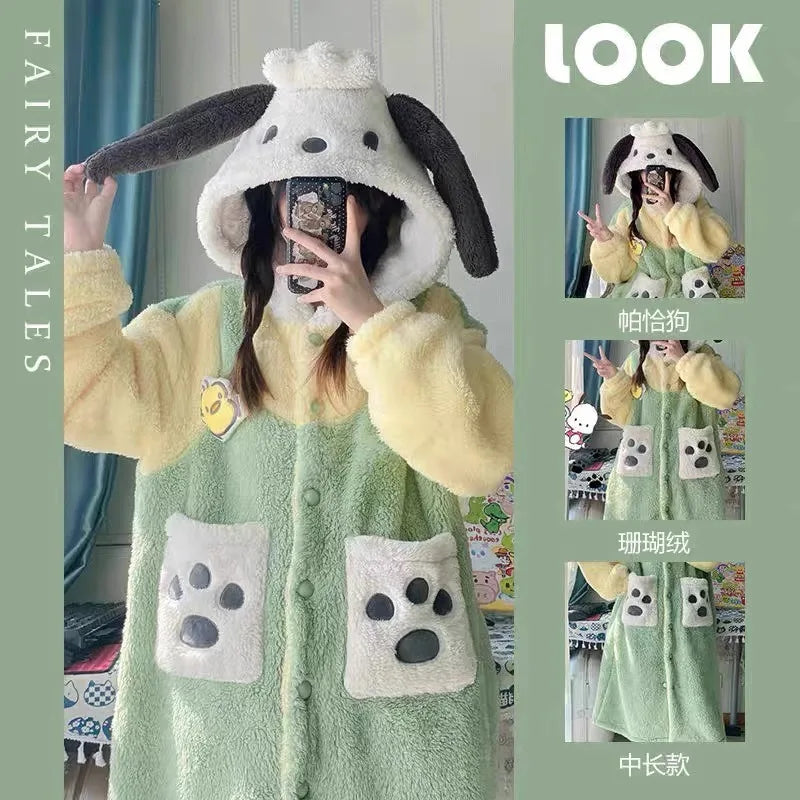 Miniso Kawaii Hellokitty Plush Robes Girls Cute Sanrio Anime Y2K Pajamas Hooded Blanket Casual Fleece Sleepwear Women Clothing