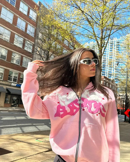 Retro Star and Letter Printed Zipper Hoodies 2025 Spring Autumn Harajuku Y2K Women and Men Fashion Hip Hop Long Sleeve Hooded