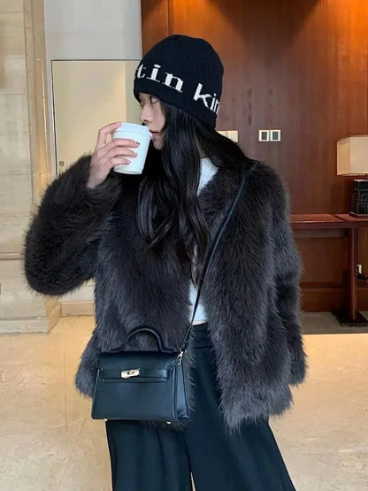 Winter Jacket New Furry Coat Womens Clothing Slim Fur One lmitation Fox Fur Jacket V-neck High Grade Loose Casual Top Womens