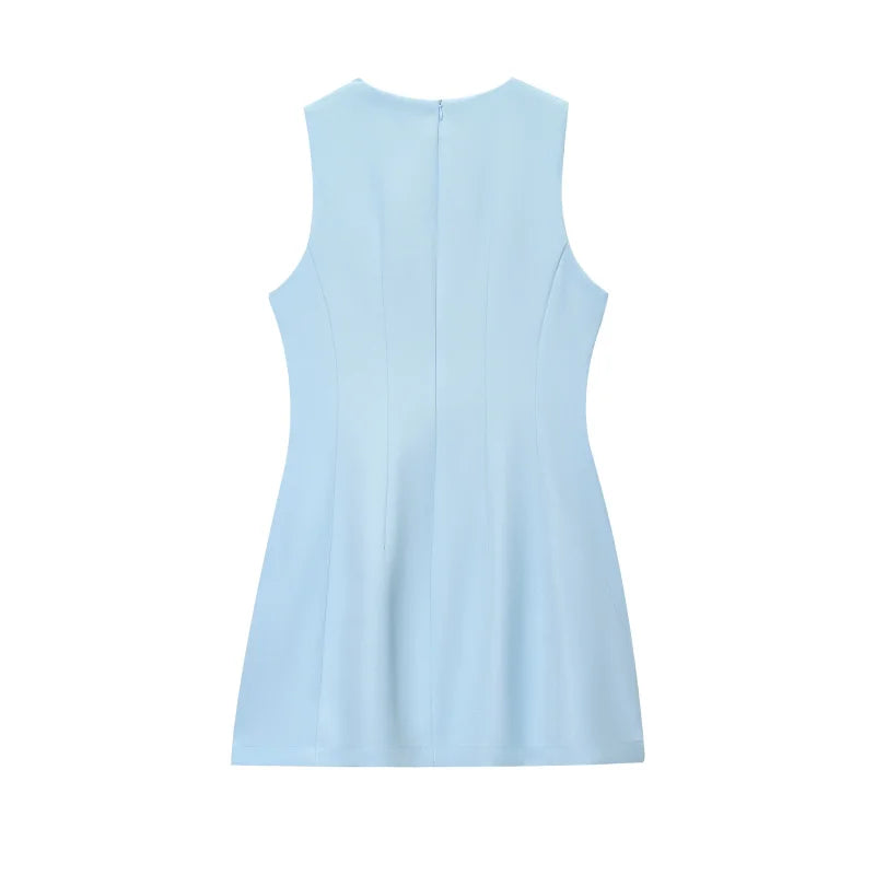 ETJ2025 summer new  women's ZW series elegant simple classic puffy round neck sleeveless waist short dress