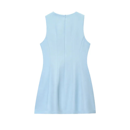 ETJ2025 summer new  women's ZW series elegant simple classic puffy round neck sleeveless waist short dress