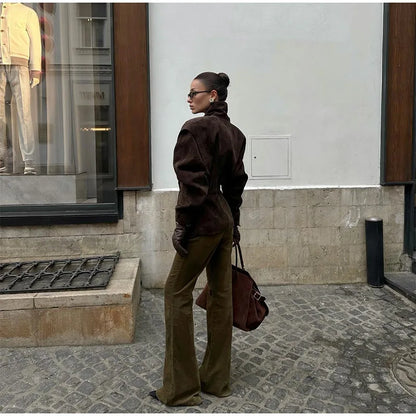 Single Breasted Buckle Casual Suede Jacket Women Chic Shoulder Pad Full Sleeve Lapel Slim Coat Autumn Lady New Highstreet Wear
