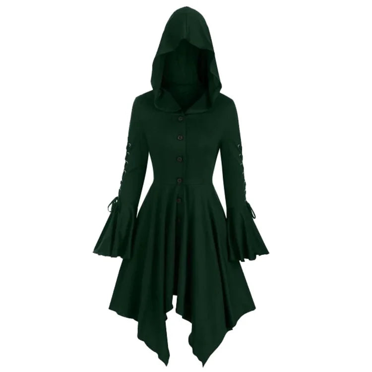 Hooded Dress for Women Lace-up Flare Sleeve Button-up Dress with Hood Black Dark Goth Witches Halloween Party Wear