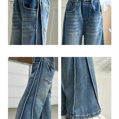 New Autumn Tween Girl Dark Blue Jeans Foldable Wide Leg Denim Pants Kids Child Spring High Waist Jeans Trousers Age 4 To 14 Y