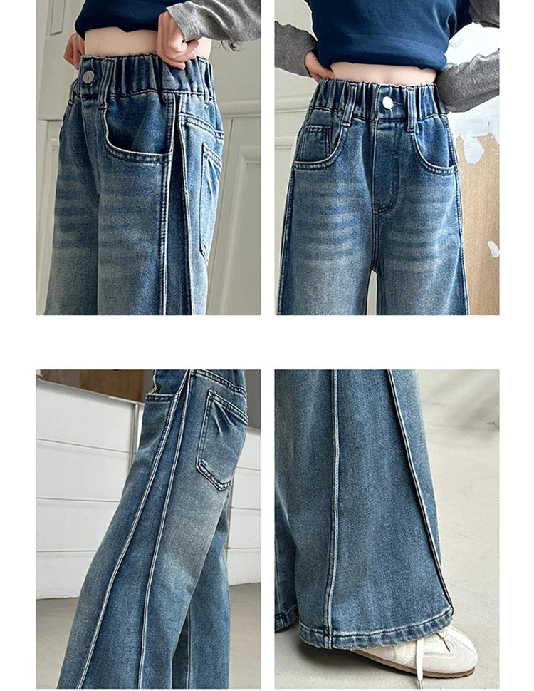 New Autumn Tween Girl Dark Blue Jeans Foldable Wide Leg Denim Pants Kids Child Spring High Waist Jeans Trousers Age 4 To 14 Y