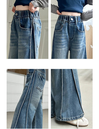 New Autumn Tween Girl Dark Blue Jeans Foldable Wide Leg Denim Pants Kids Child Spring High Waist Jeans Trousers Age 4 To 14 Y
