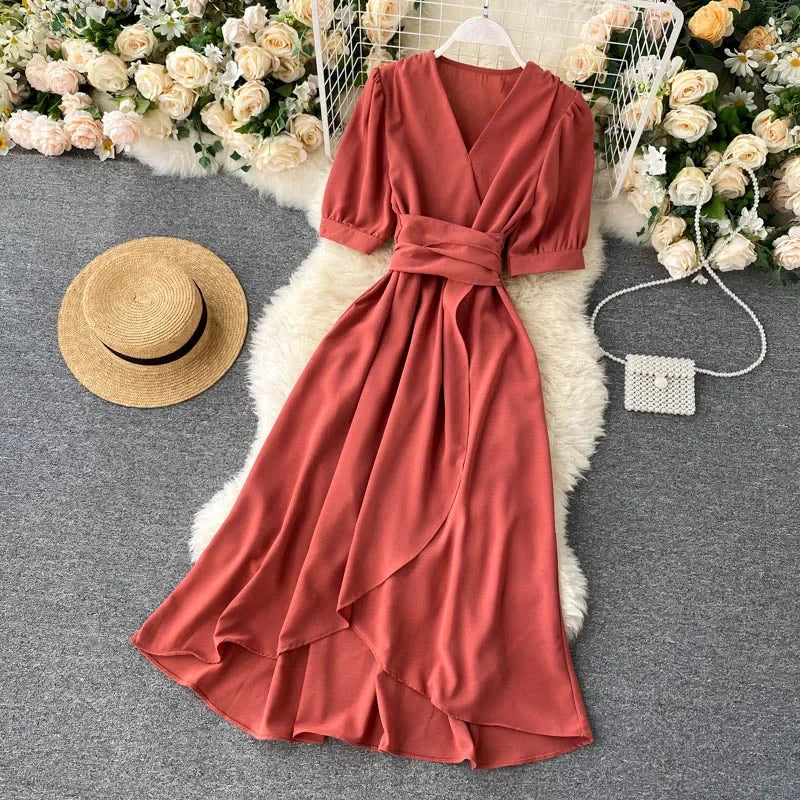 Women's Dress Spring New Temperament V-neck Solid Color Bubble Short-sleeved Irregular Ruffle Edge Lacing Dress Leisure Vestidos