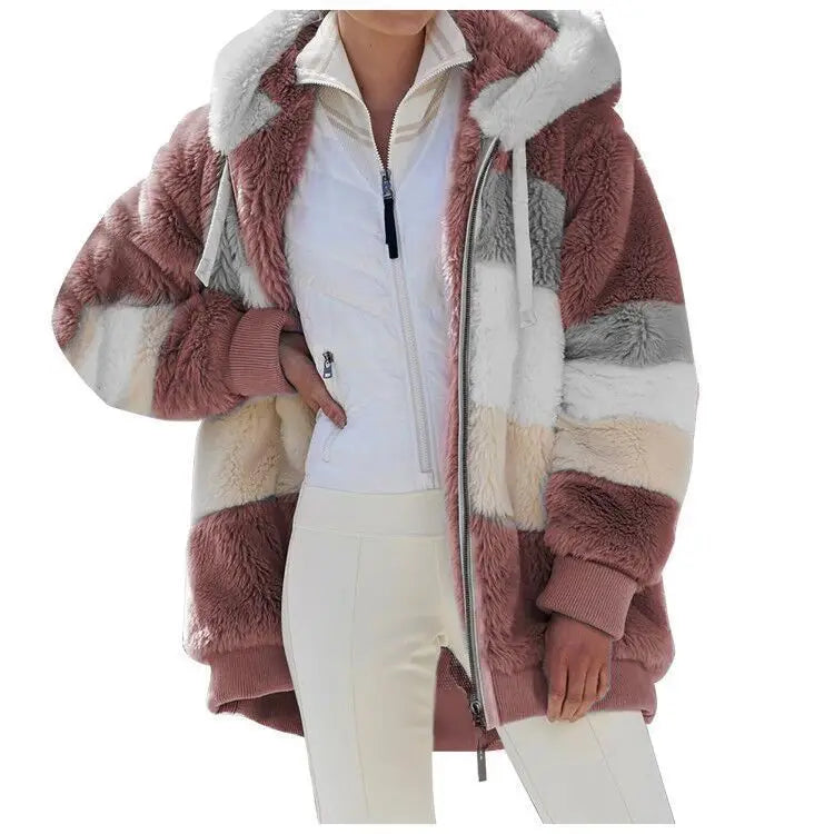 New Autumn/Winter Loose Plush Zipper Hooded Coat for Women